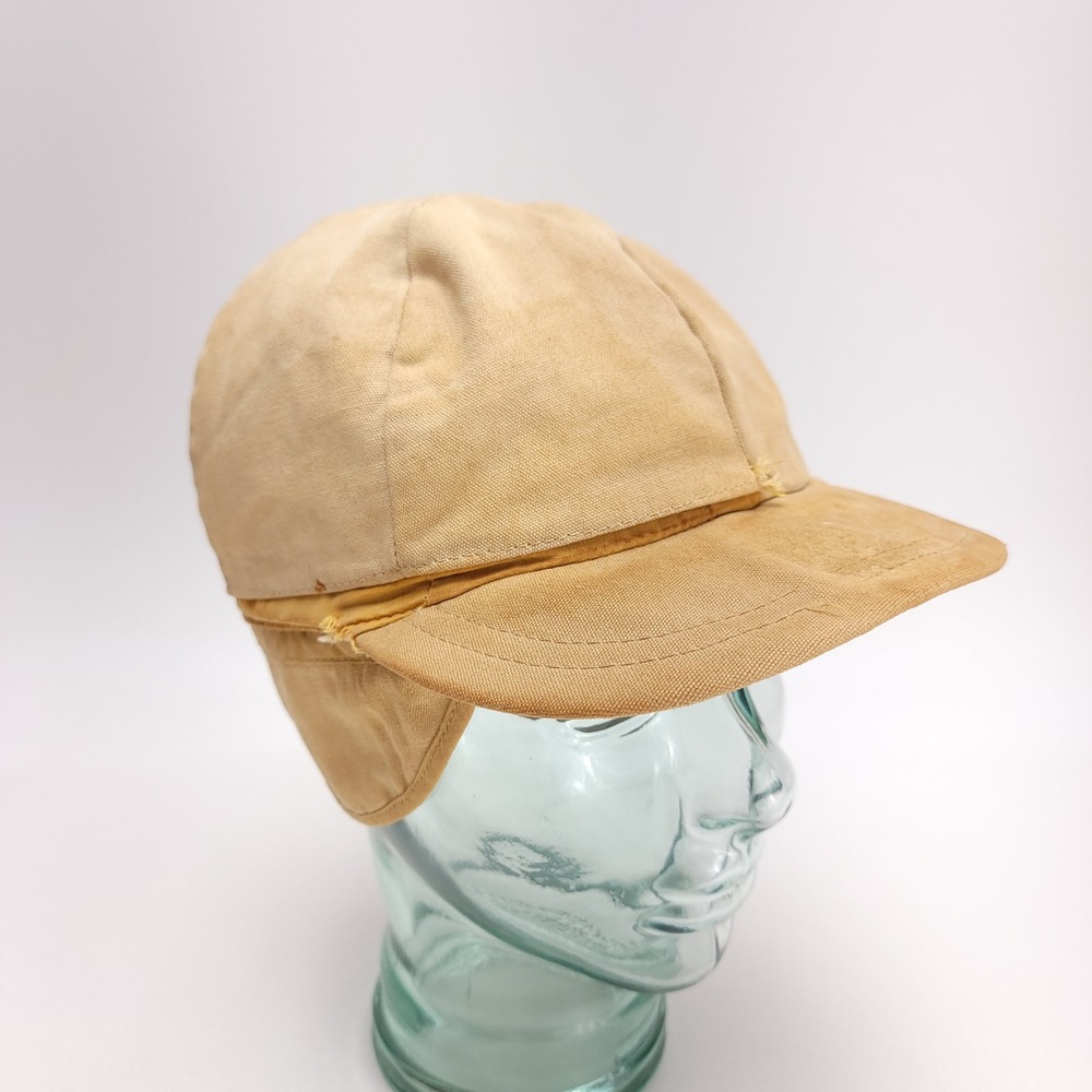 Vintage Reversible Canvas Hunting Cap Tan Yellow Ear Flaps Small Distressed
